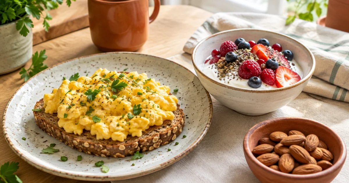 Œufs brouillés sur pain complet, bol de skyr aux fruits rouges et coupelle d'amandes pour un petit-déjeuner protéiné