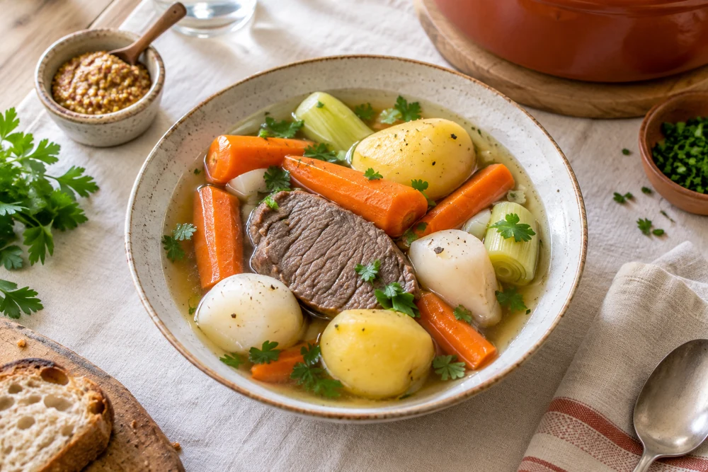Dessus d'une assiette creuse de pot-au-feu : une tranche de bœuf modérée, beaucoup de carottes, poireaux