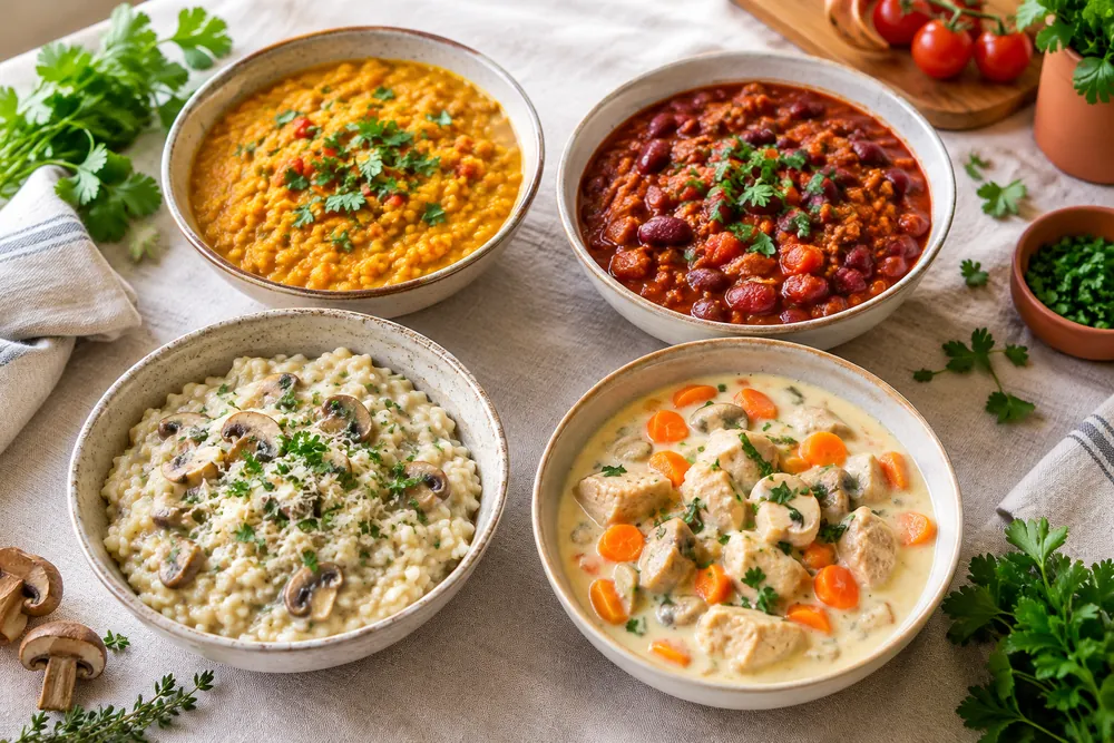 Table vue du dessus avec quatre bols de plats mijotés légers : un dahl de lentilles corail jaune orangé