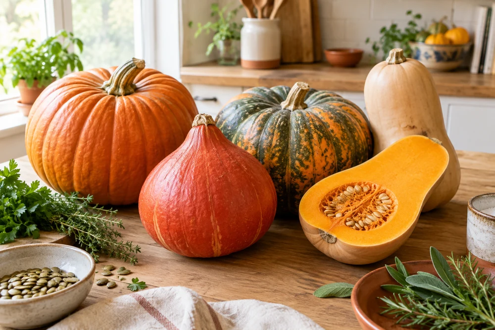 Table en bois avec plusieurs courges d'automne côte à côte : un gros potiron orange côtelé