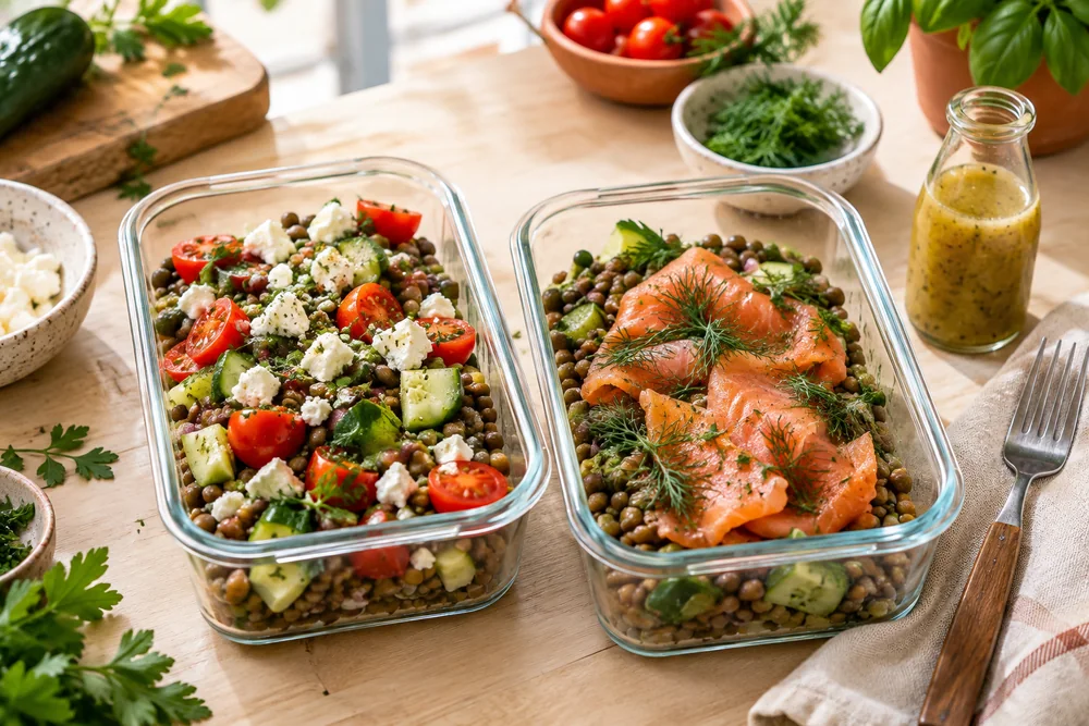 Deux boîtes repas en verre ouvertes côte à côte sur un plan de travail clair, l'une avec une salade de lentilles à la feta