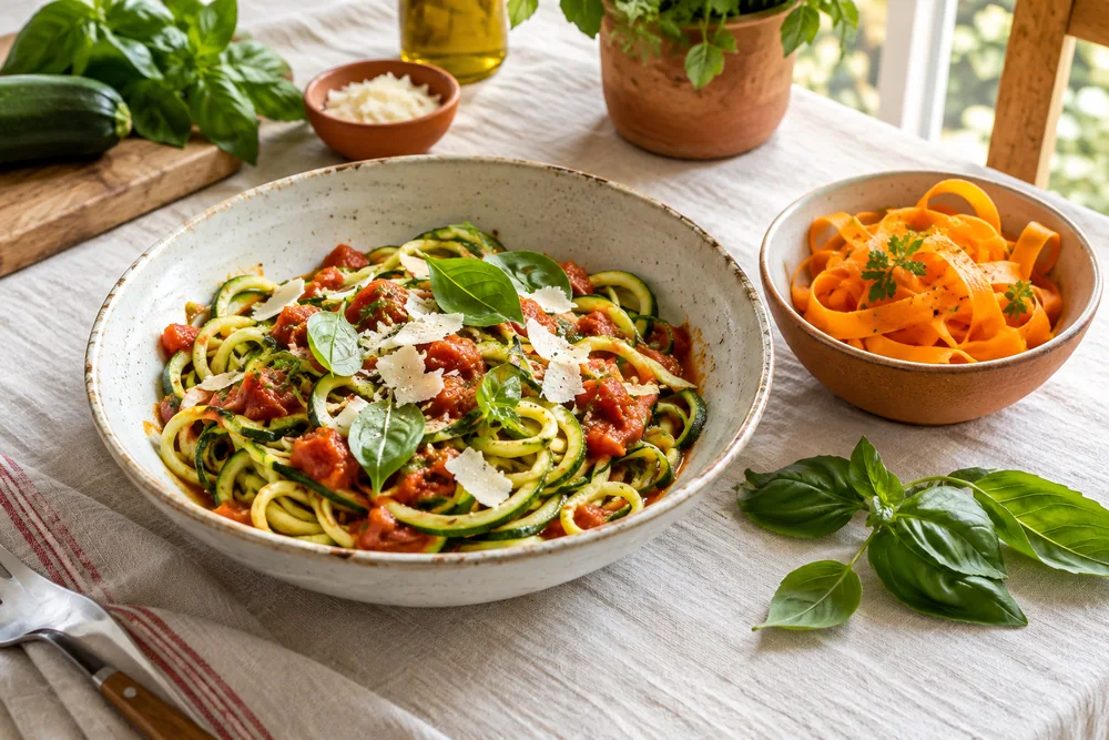 Assiette creuse de spaghettis de courgette poêlés avec une sauce tomate maison, quelques copeaux de parmesan et feuilles de