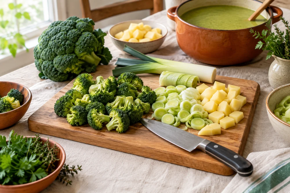 Tête de brocoli découpée sur une planche : fleurettes vertes d'un côté, tige épluchée coupée en rondelles de l'autre