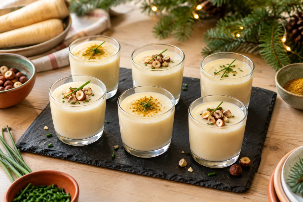 Six petites verrines de velouté de panais alignées sur un plateau en ardoise, chacune décorée d'un éclat de noisette