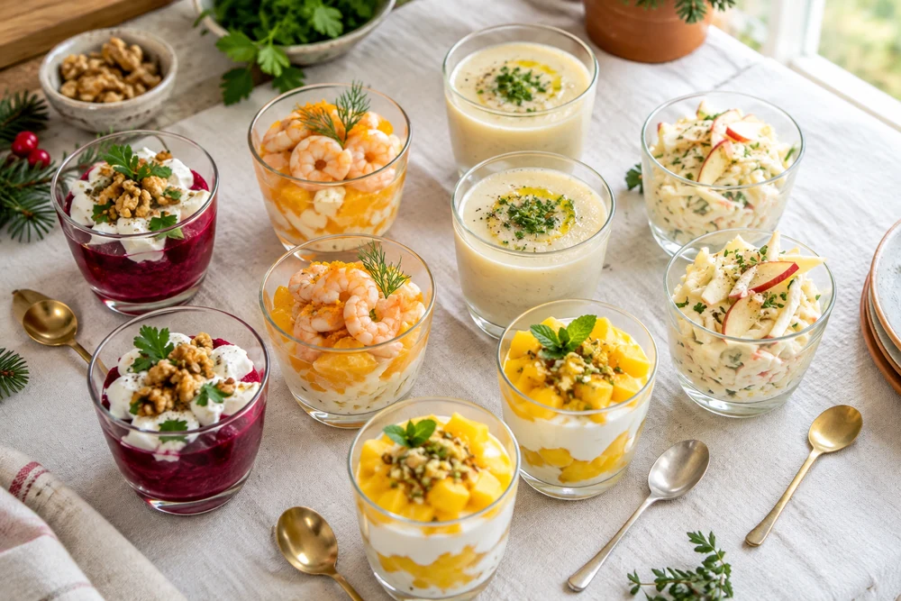 Assortiment de verrines de Noël colorées vues de dessus : betterave et chèvre frais aux noix, crevettes et orange