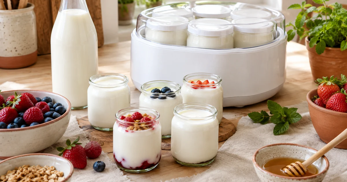 Yaourtière blanche et petits pots de yaourt maison en verre, bouteille de lait et fruits rouges